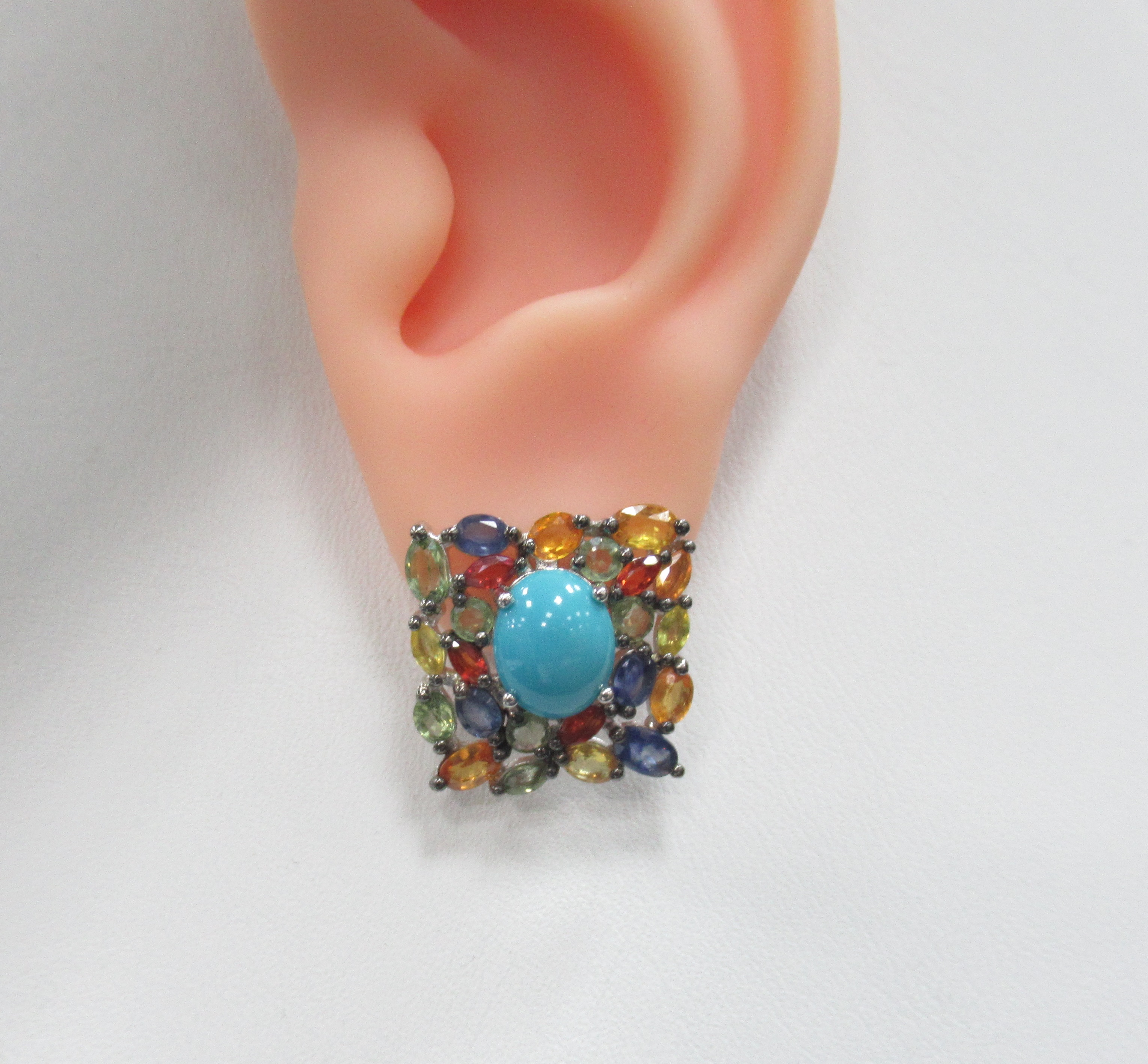 Серебряные серьги с бирюзой и мультисапфирами